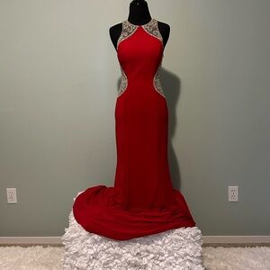 Elegant Red Evening Gown with Silver Accents by Cinderella